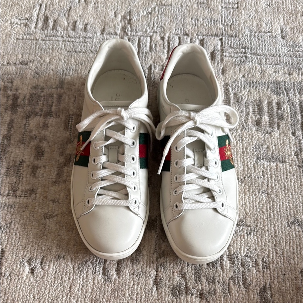 Gucci White and Green Sneakers with Bee Logo and Iconic Web Stripe